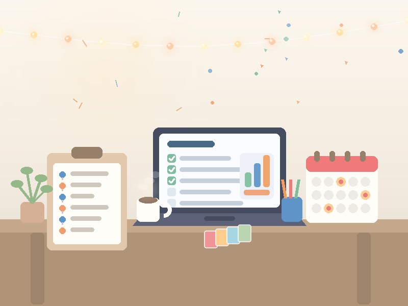 Illustration of a planner's desk with a laptop showing a checklist, a clipboard timeline, a wall calendar and coffee
