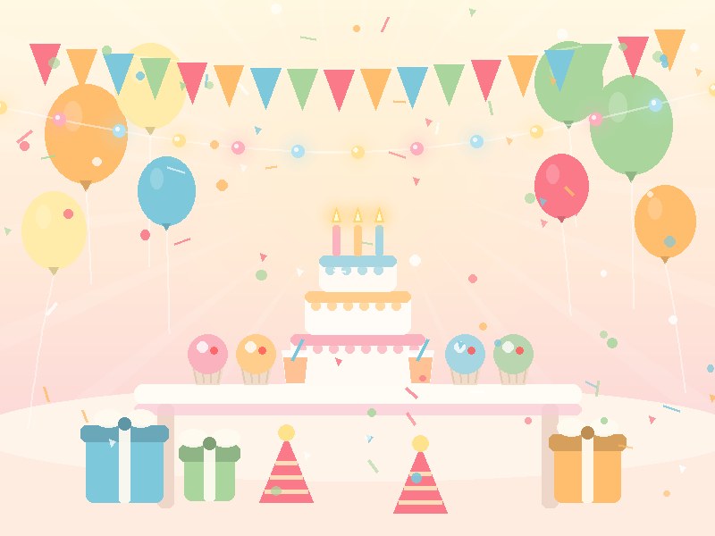 Illustration of a birthday party with a three-tier cake, cupcakes, balloons, gift boxes and party hats