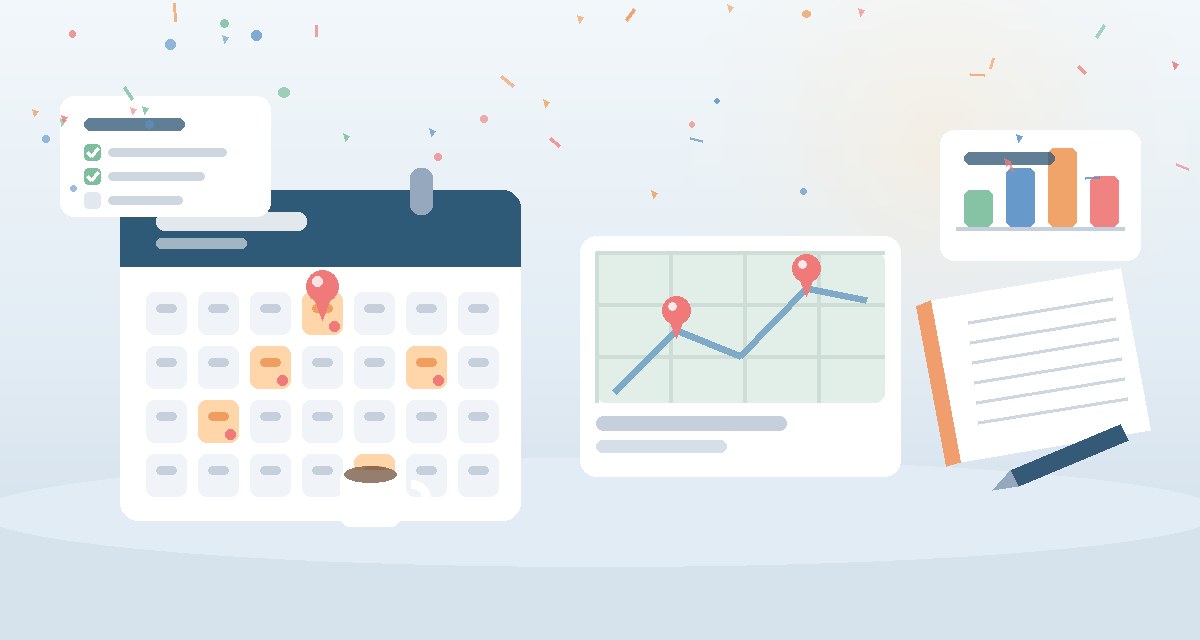 Illustration of planning tools: a calendar with marked dates, a venue map with pins, a budget chart and a notebook