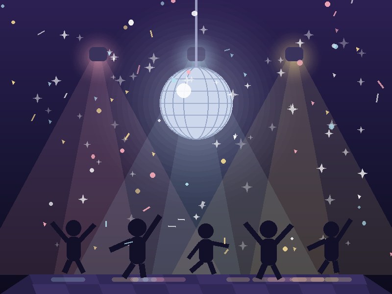 Illustration of a dance floor with silhouetted dancers, colored light beams and a disco ball