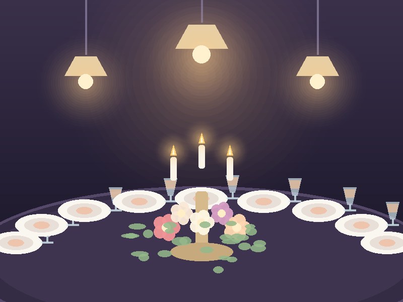 Illustration of an elegant candlelit dinner table with plates, wine glasses and a candelabra centerpiece