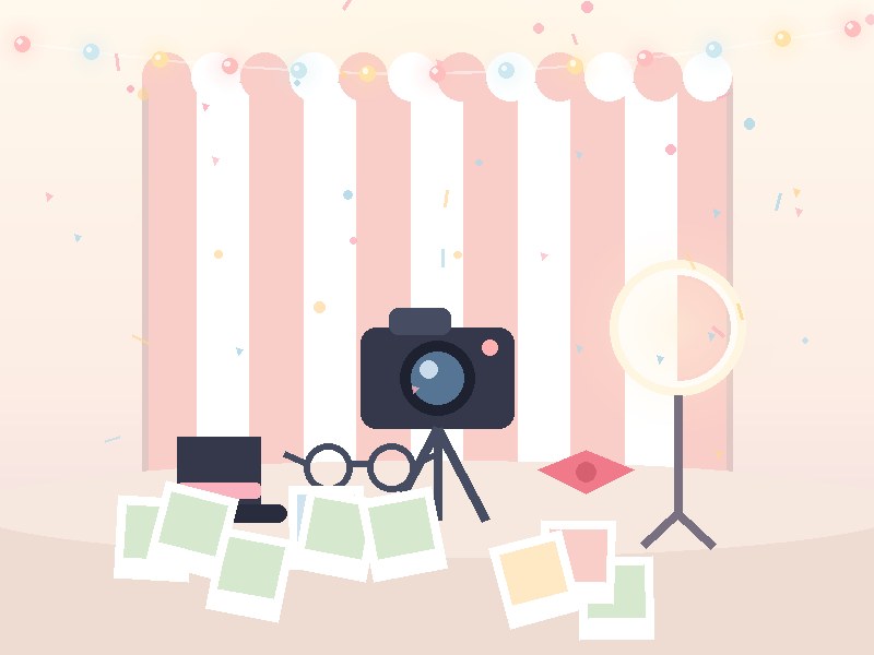 Illustration of a photo booth corner with striped backdrop, camera on tripod, ring light and props