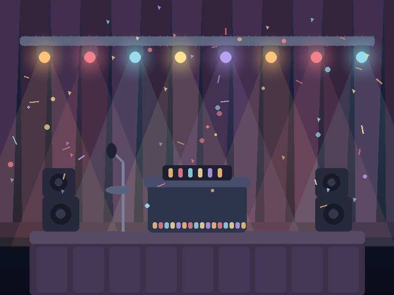 Illustration of a concert stage with truss lighting, speaker stacks and a DJ booth