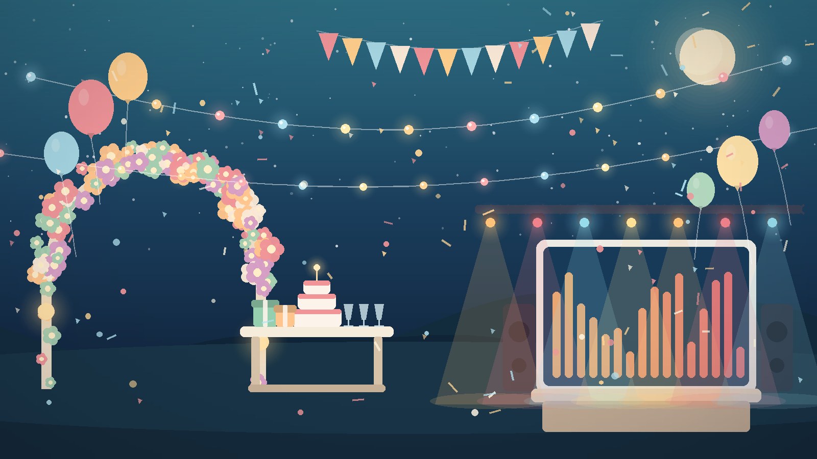 Illustration of an evening celebration produced by Northlight Events: a flower arch, dessert table, lit stage with equalizer lights, balloons and string lights over a dark blue sky