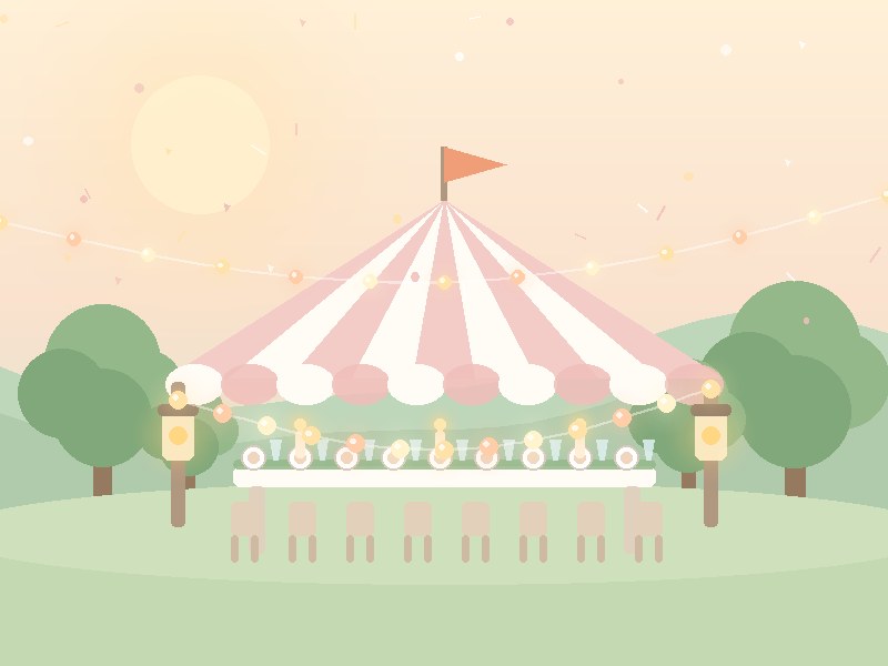 Illustration of an outdoor celebration with a striped marquee tent, long banquet table, lanterns and trees